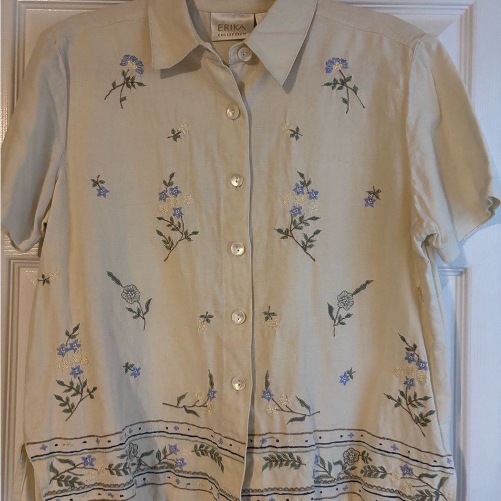 Erika Cream Shirt with Blue and Green Embroidery